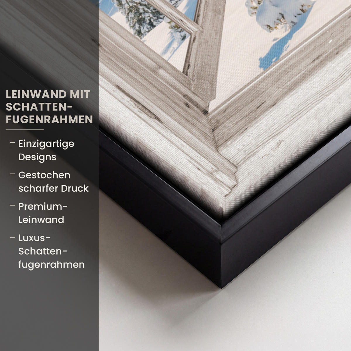 LEINWAND Bilder mit Rahmen - Winterlandschaft - Hütte - Berge - Ausblicke - Aussicht - Natur - 50x70 - Weiß Hochglanz, Textil (50/70cm) - MuchoWow
