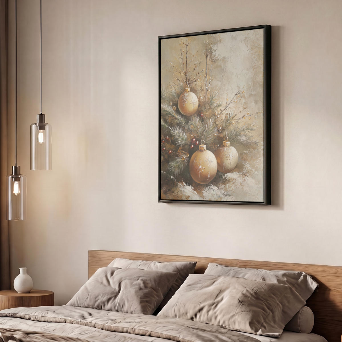 LEINWAND Bilder mit Rahmen - Weihnachten - Kugeln - Beige - Gold - 60x80 - Goldfarben, Textil (60/80cm) - MuchoWow