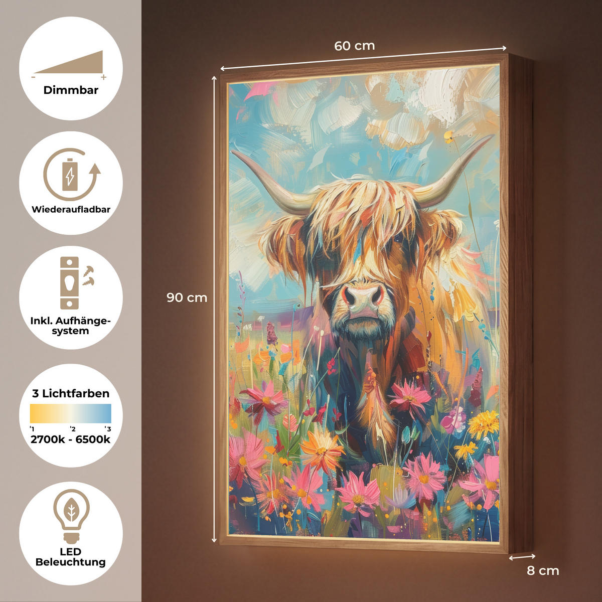 NÁSTĚNNÁ LAMPA S AKUMULÁTOREM Skotský horal - Příroda - Barevné - Květiny 60x90 cm - různobarevná, kompozitní dřevo (60/90/8cm) - OnlyWow
