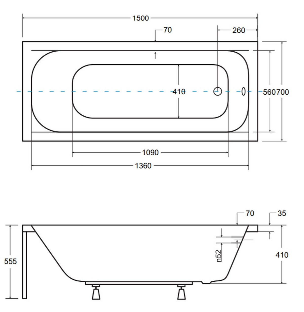 BADEWANNE Rechteck CONTINEA 150/70 Ablauf & Füße - Weiß, Kunststoff (70/55.5/150cm) - bad land
