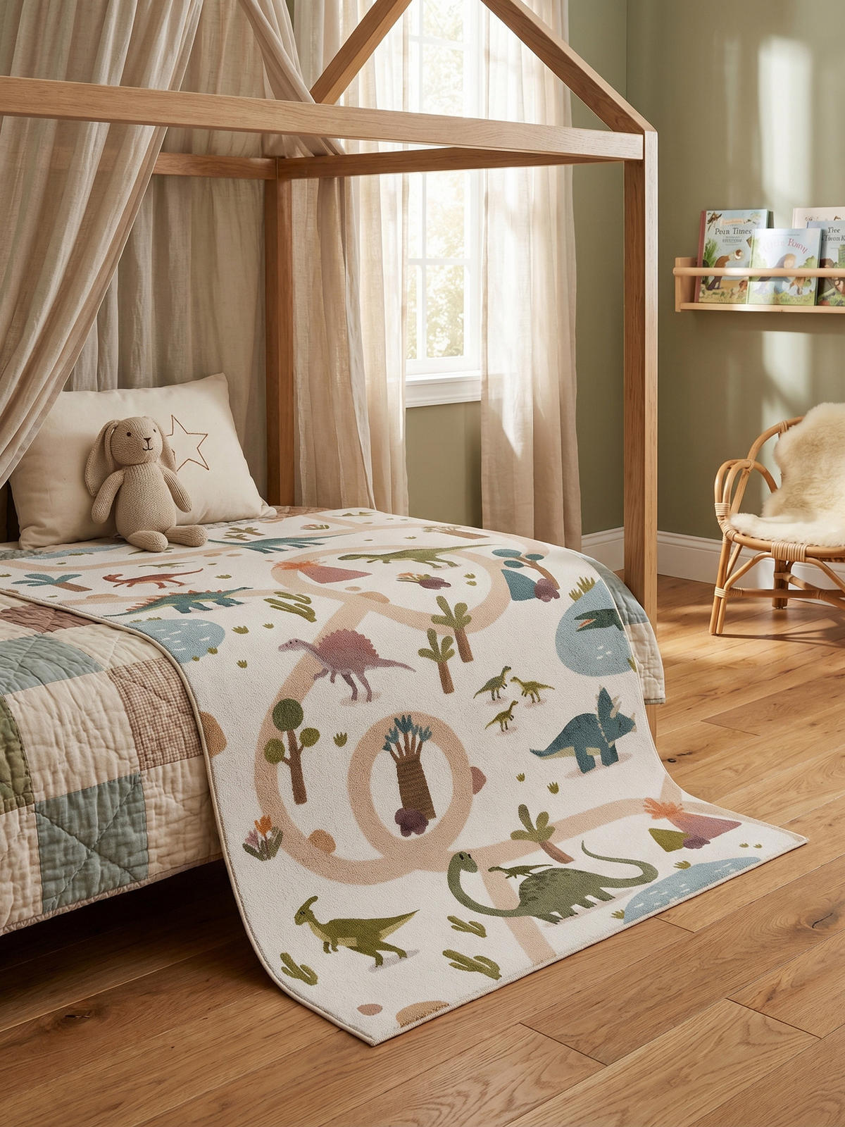 KINDERTEPPICH Kurzflor Dinosaurier-Landschaft Waschbar OEKO-TEX Spielteppich Jungen Mädchen Creme 120x170 – TINO - Creme, Textil (120/170cm) - KADIMA DESIGN