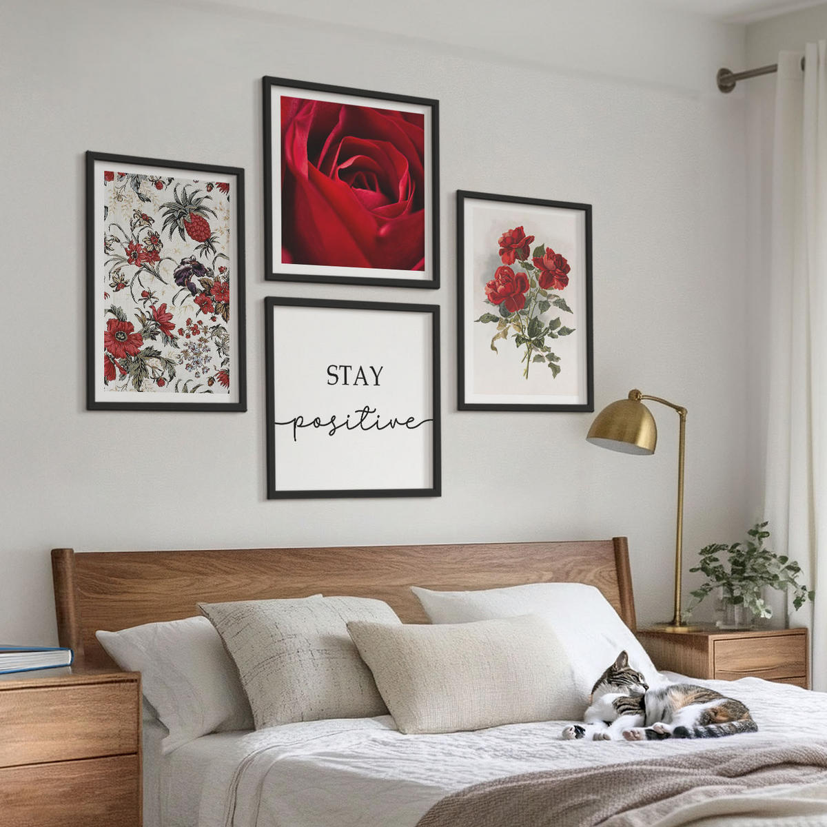 BILDER SET 4er Set - 50x50 cm & 40x60 cm Schwarzer Rahmen - Inschrift mit roten Rosen - Schwarz, Kunststoff (50/50cm) - TULUP