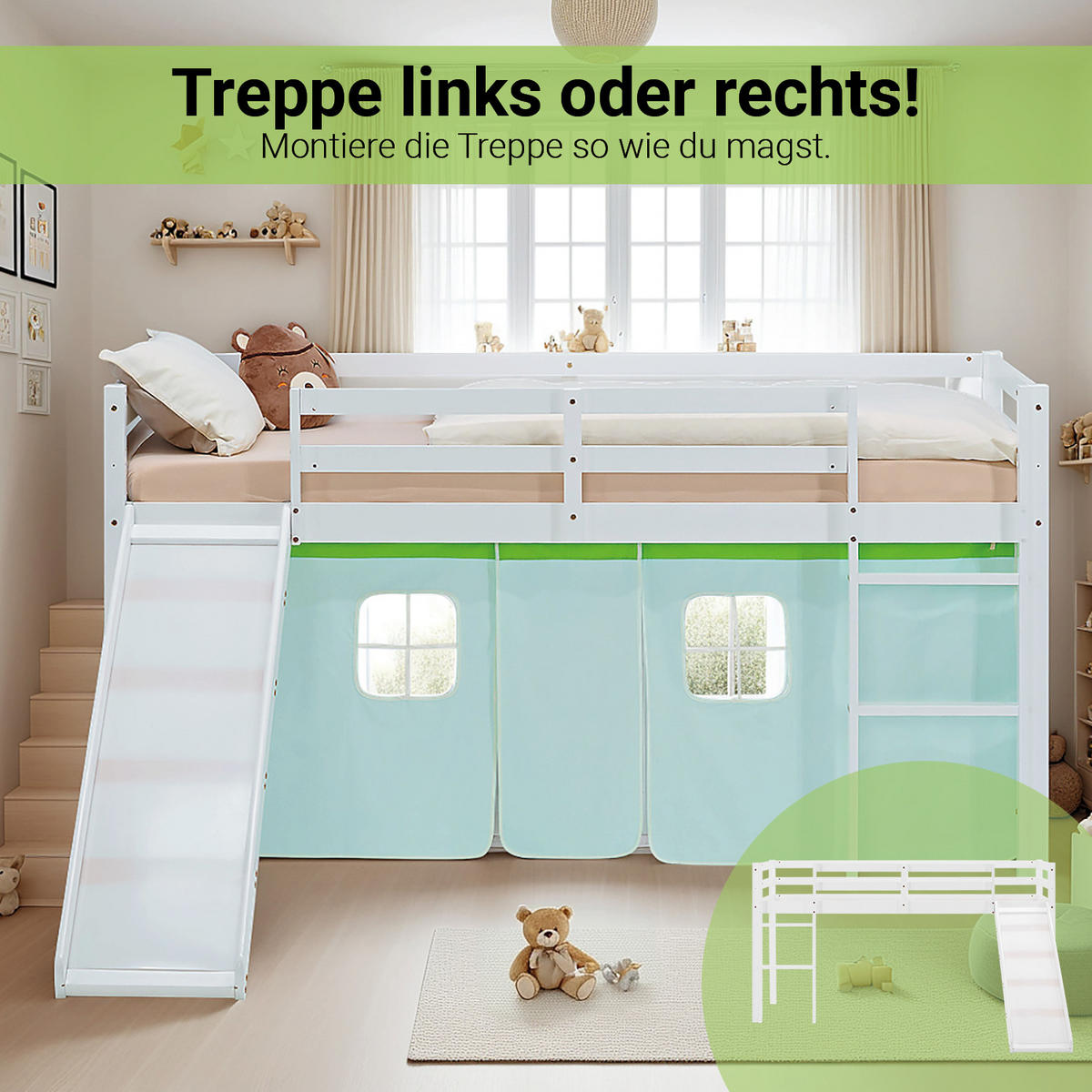 HOCHBETT 90/200 cm in weiß Matratze Rutsche Bettvorhang Grün - Weiß/Grün, Holz/Textil (90/200cm) - Homestyle4u