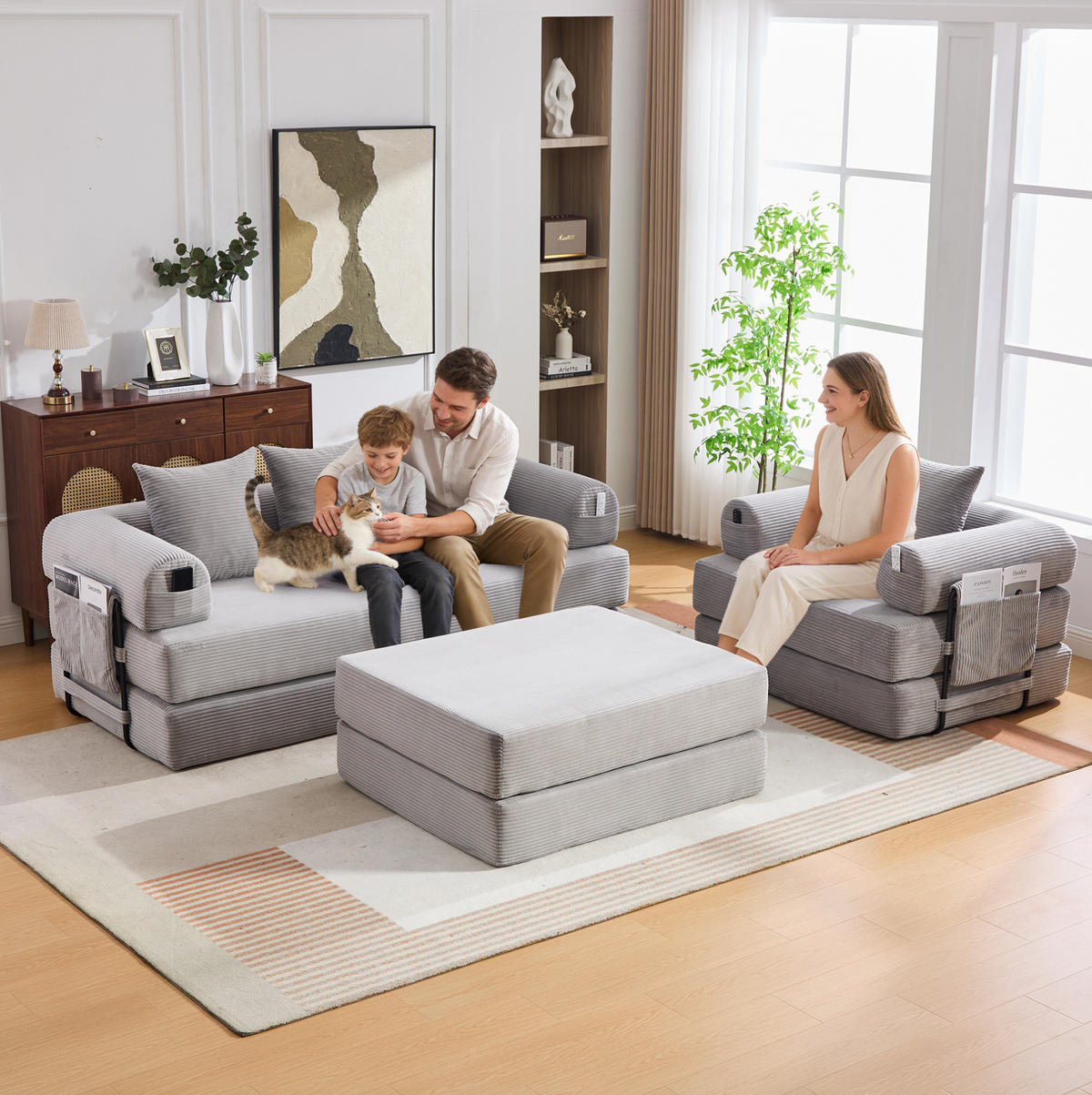 SOFA 200/190/67 cm in Hellgrau aus Cord mit Hocker und Kissen - Hellgrau, Textil (190/67/200cm) - Flora Grace