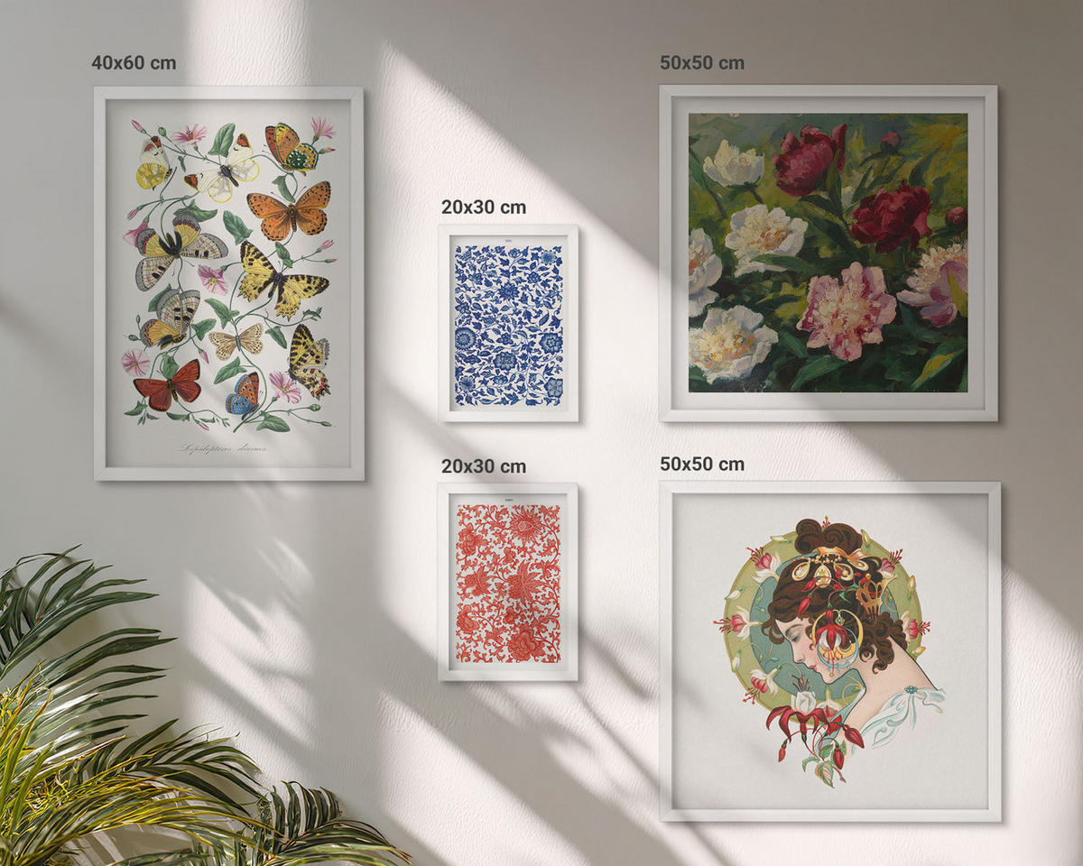 BILDER SET 5er Set - 50x50 cm & 20x30 cm & 40x60 cm Weißer Rahmen - Vintage-Blumen-Schmetterlings-Ornamente - Weiß, Kunststoff (40/60cm) - TULUP