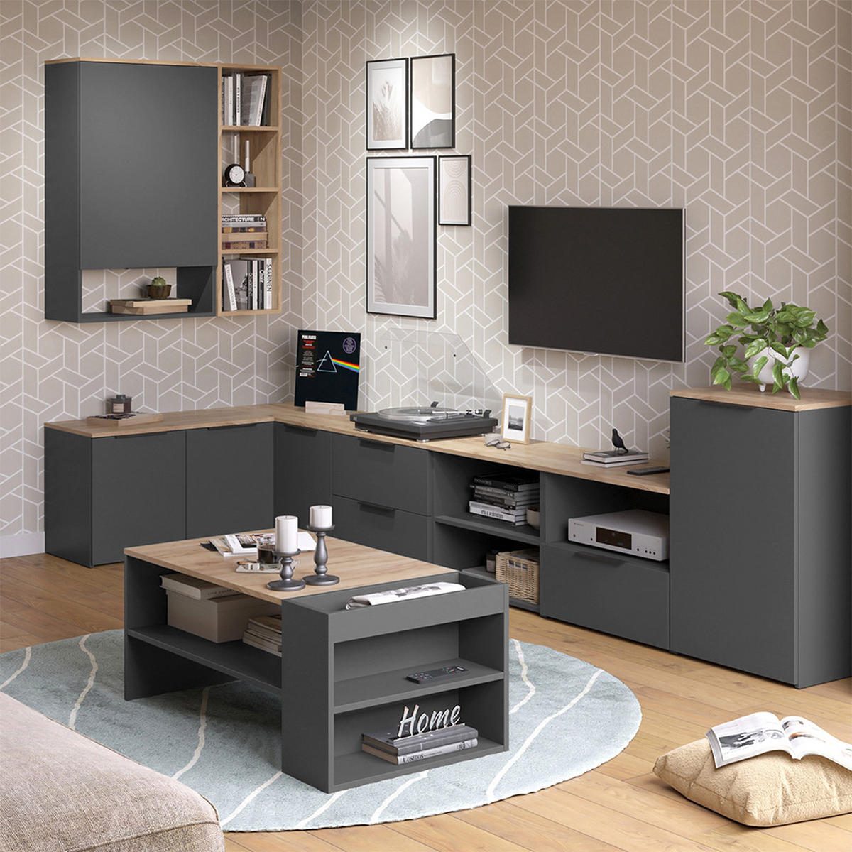 KOMMODE Wido Anthrazit 50 x 80 cm mit Regal - Anthrazit/Sonoma Eiche, Holzwerkstoff (50/80/40cm) - Vicco