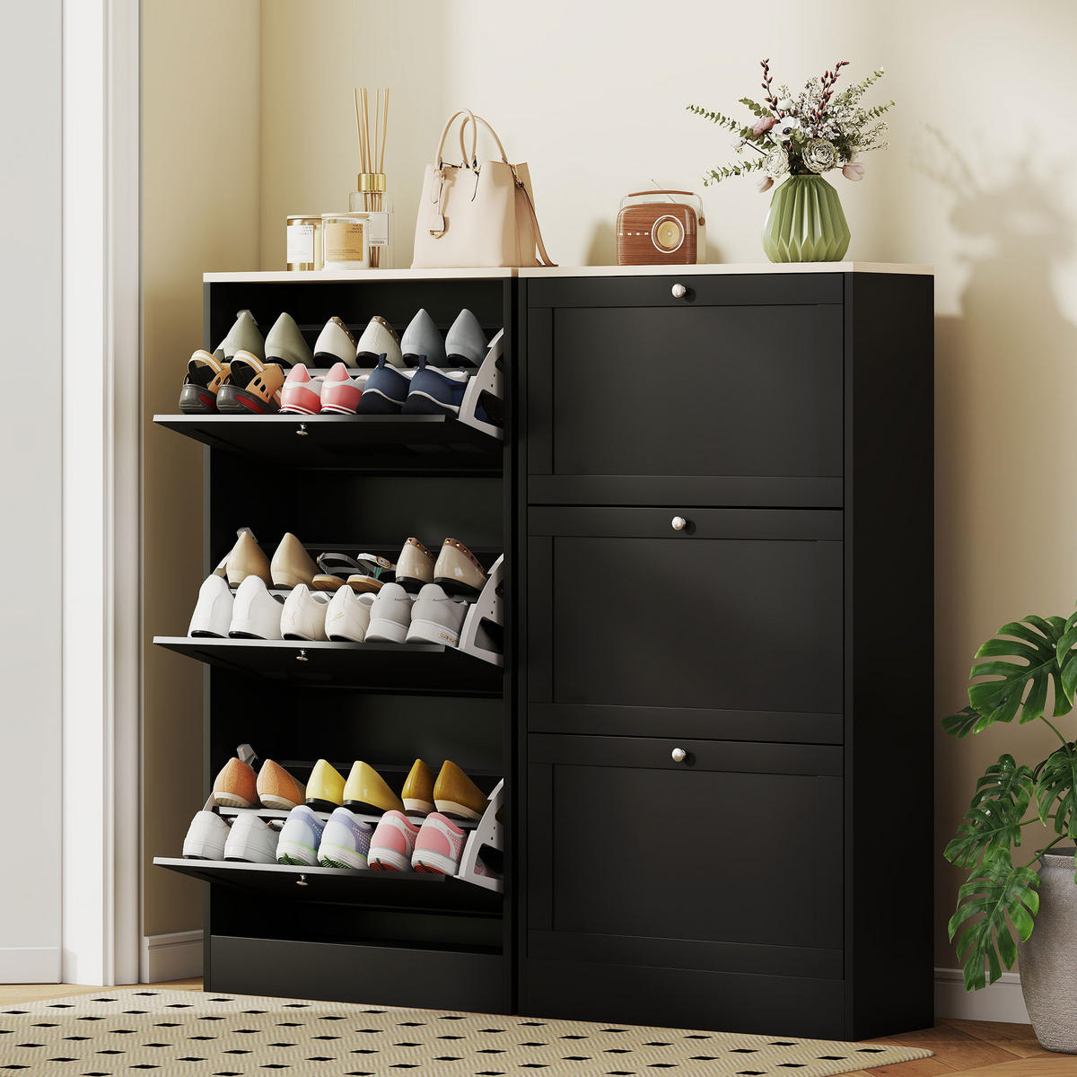 SCHUHSCHRANK DE-15014 3 Klapptüren für bis zu 18 Paar Schuhe Schwarz - Schwarz, Holzwerkstoff (60/115/23.5cm) - ComfortXL