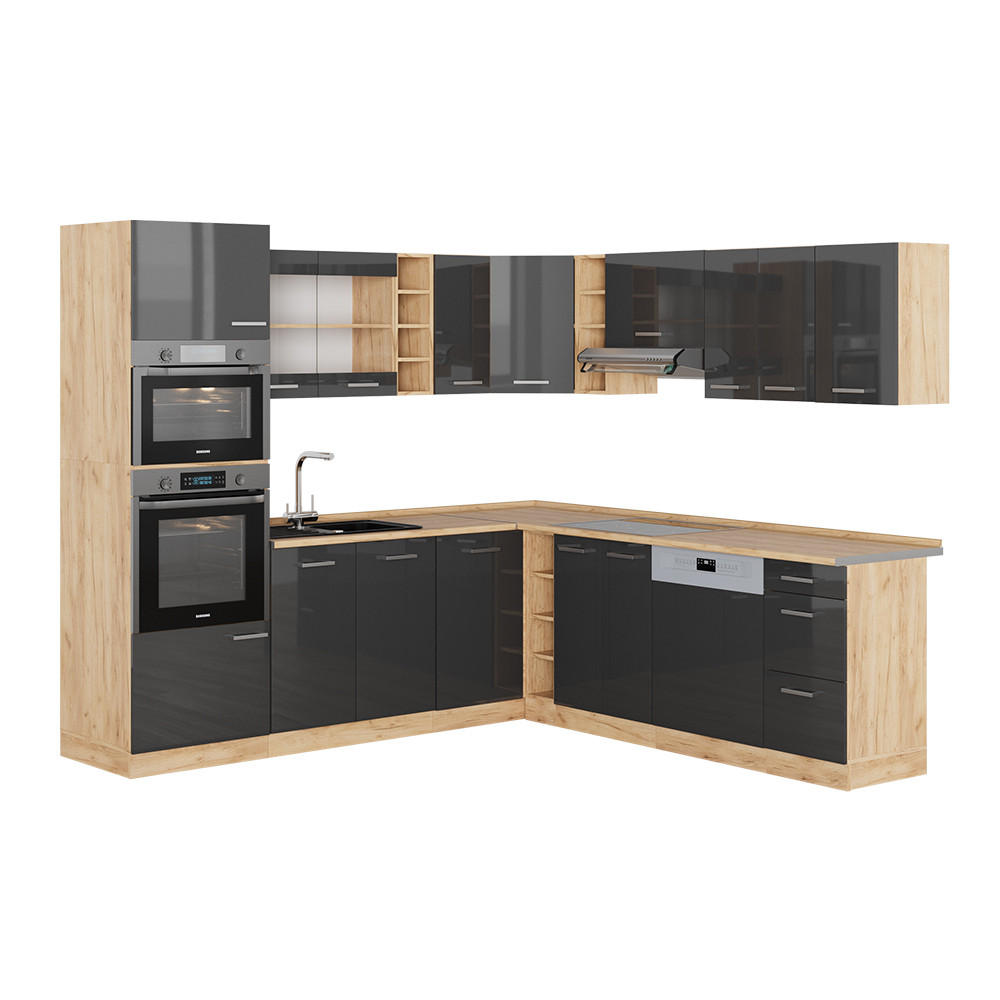 ECKKÜCHE R-Line Anthrazit Hochglanz/Goldkraft Eiche 237 x 60 cm ohne AP - Honigeiche/Anthrazit, Holzwerkstoff (247/81.6/46cm) - Vicco