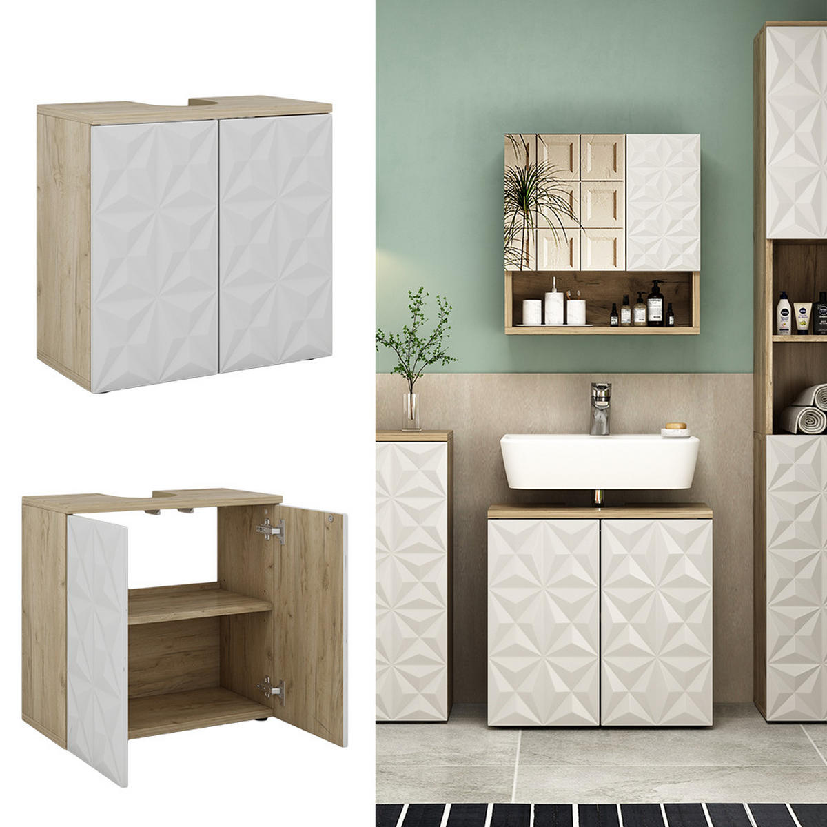 WASCHBECKENUNTERSCHRANK Edge Weiß 60 x 57 cm mit 2 Türen - Weiß, Holzwerkstoff (60/57/30cm) - Vicco