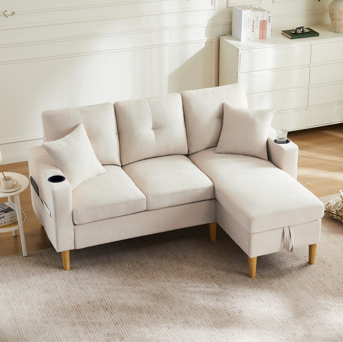 ECKSOFA 175/129/90 cm Beige aus Baumwoll-Leinen mit Stauraum - Beige, Textil (129/175cm) - OKWISH