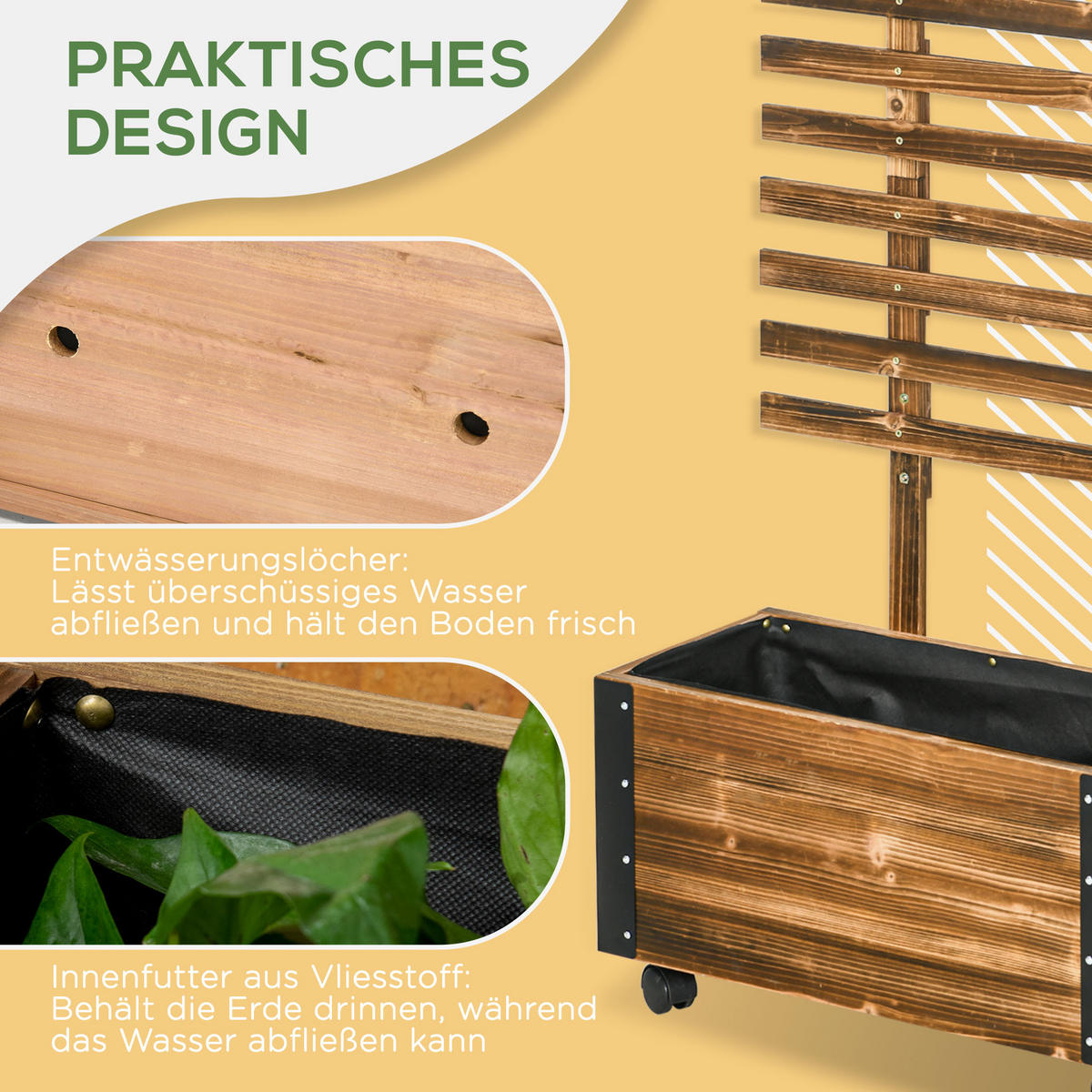 HOCHBEET mit Rankgitter, Blumenkasten mit Rollen, für Kletterpflanzen, Holz, Verkohlt - Dunkelbraun, Holz (31/147/65cm) - Outsunny