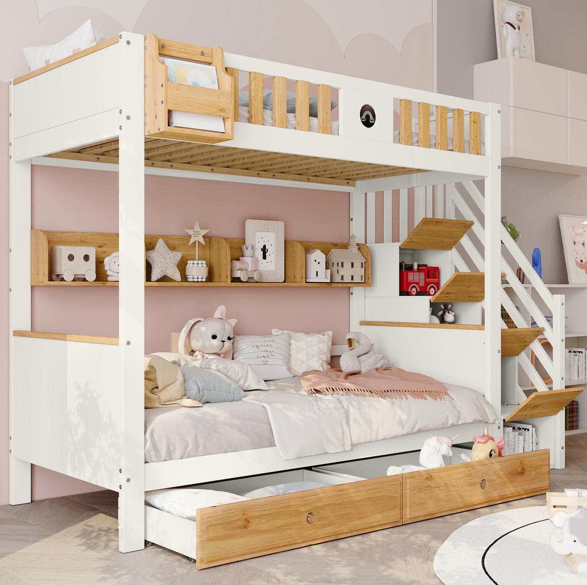 ETAGENBETT 90x200 cm in Weiß/Natur mit Stauraumtreppe, Schubladen und Tafel - Weiß, Holzwerkstoff (90/200cm) - OKMYHOME