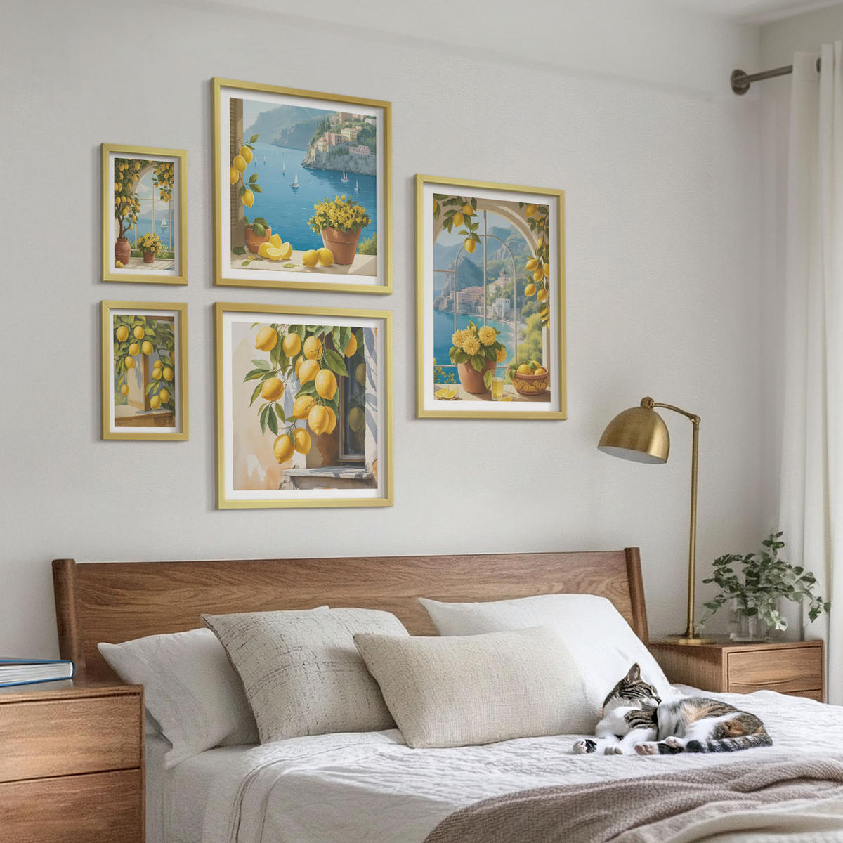 BILDER SET 5er Set - 50x50 cm & 20x30 cm & 40x60 cm Goldrahmen - Meerblick, italienische Zitronen - Goldfarben, Kunststoff (40/60cm) - TULUP
