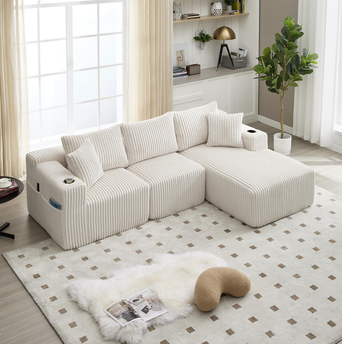 ECKSOFA 257/90/160/62 cm Beige aus Cord mit Chaiselongue - Beige, Textil (160/257cm) - OKMYHOME