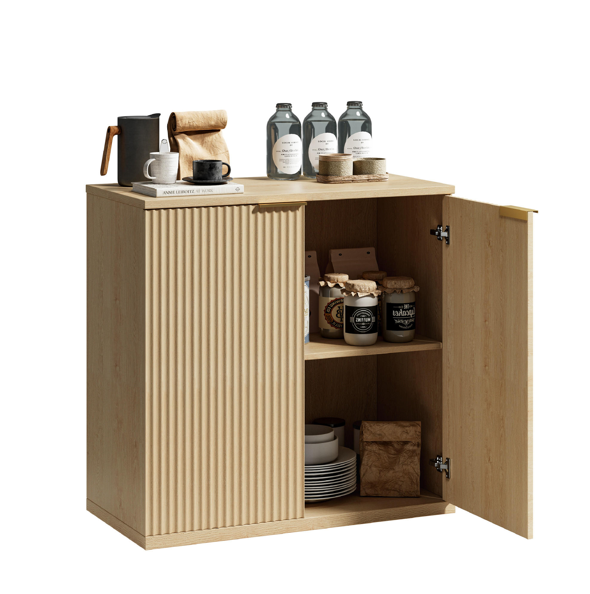SIDEBOARD 80/40/80 cm Eiche aus MDF mit Faltenfront und Griff - Eichefarben, Holzwerkstoff (40/80/80cm) - OKWISH