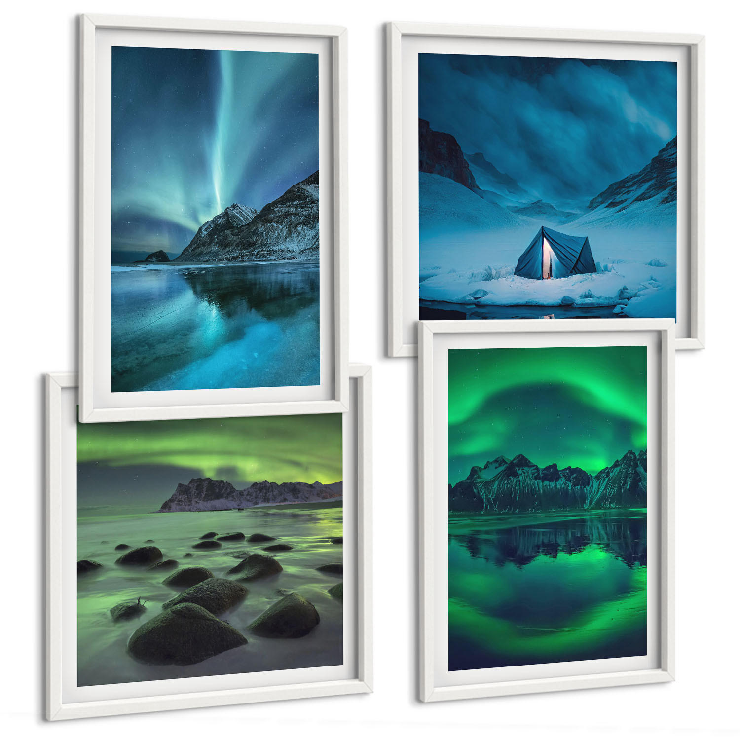 BILDER SET 4er Set - 50x50 cm & 40x60 cm Weißer Rahmen - Winterlandschaft mit Nordlichtern - Weiß, Kunststoff (50/50cm) - TULUP