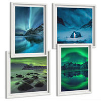 BILDER SET 4er Set - 50x50 cm & 40x60 cm Weißer Rahmen - Winterlandschaft mit Nordlichtern - Weiß, Kunststoff (50/50cm) - TULUP