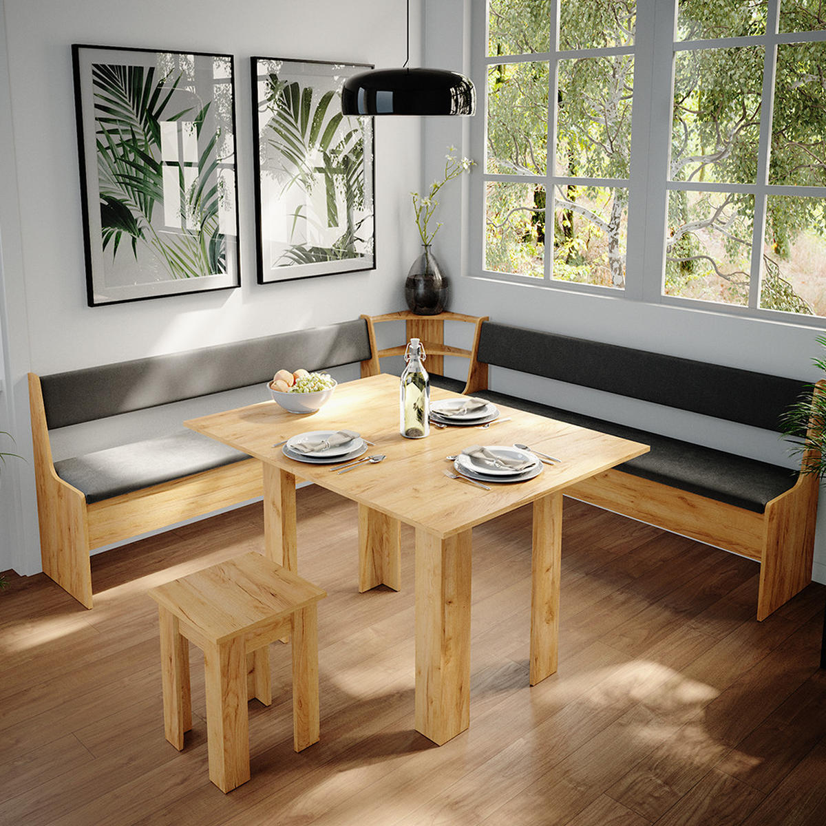 ECKBANKGRUPPE Roman Goldkraft Eiche 210 x 41.5 cm mit Tisch - Honigeiche/Anthrazit, Holzwerkstoff (210/80/210cm) - Vicco