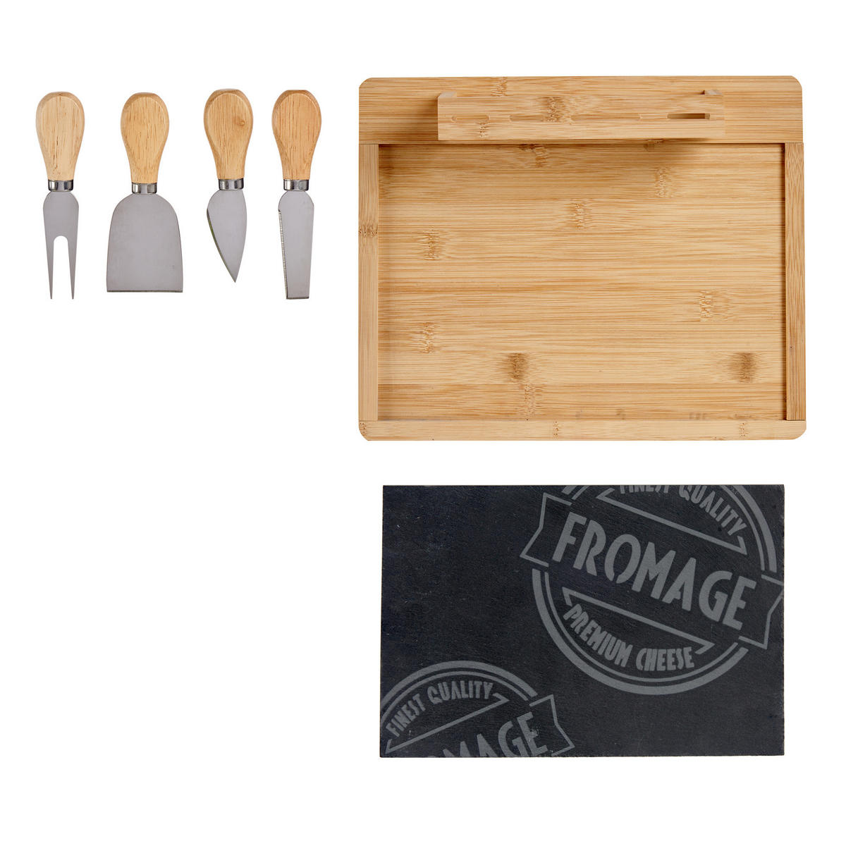 KÄSEBRETT mit 4 Messern Zari Braun 34/27,5/15 cm - Braun, Stein (27.5/15/34cm) - Kinvara