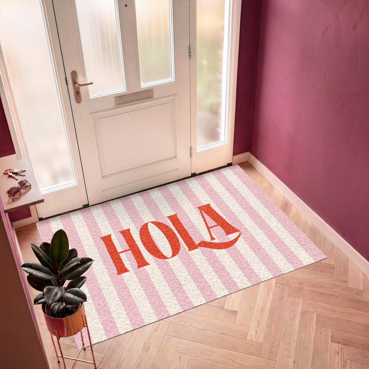 FUSSMATTE Hola - Zitat - Streifen - Pastell - Rosa - Rot - Weiß Schmutzfangmatte 180x120 cm - Rosa, Kunststoff (180/120cm) - MuchoWow