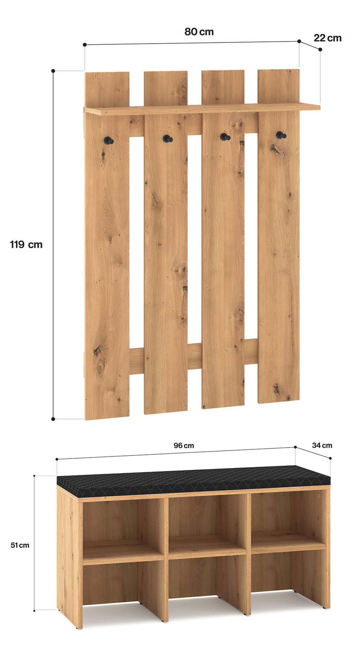 GARDEROBE Renes 2-teilig Eiche Artisan / Schwarz - Hellbraun, Holz/Holzwerkstoff (96/170/34cm) - Feldmann-Wohnen