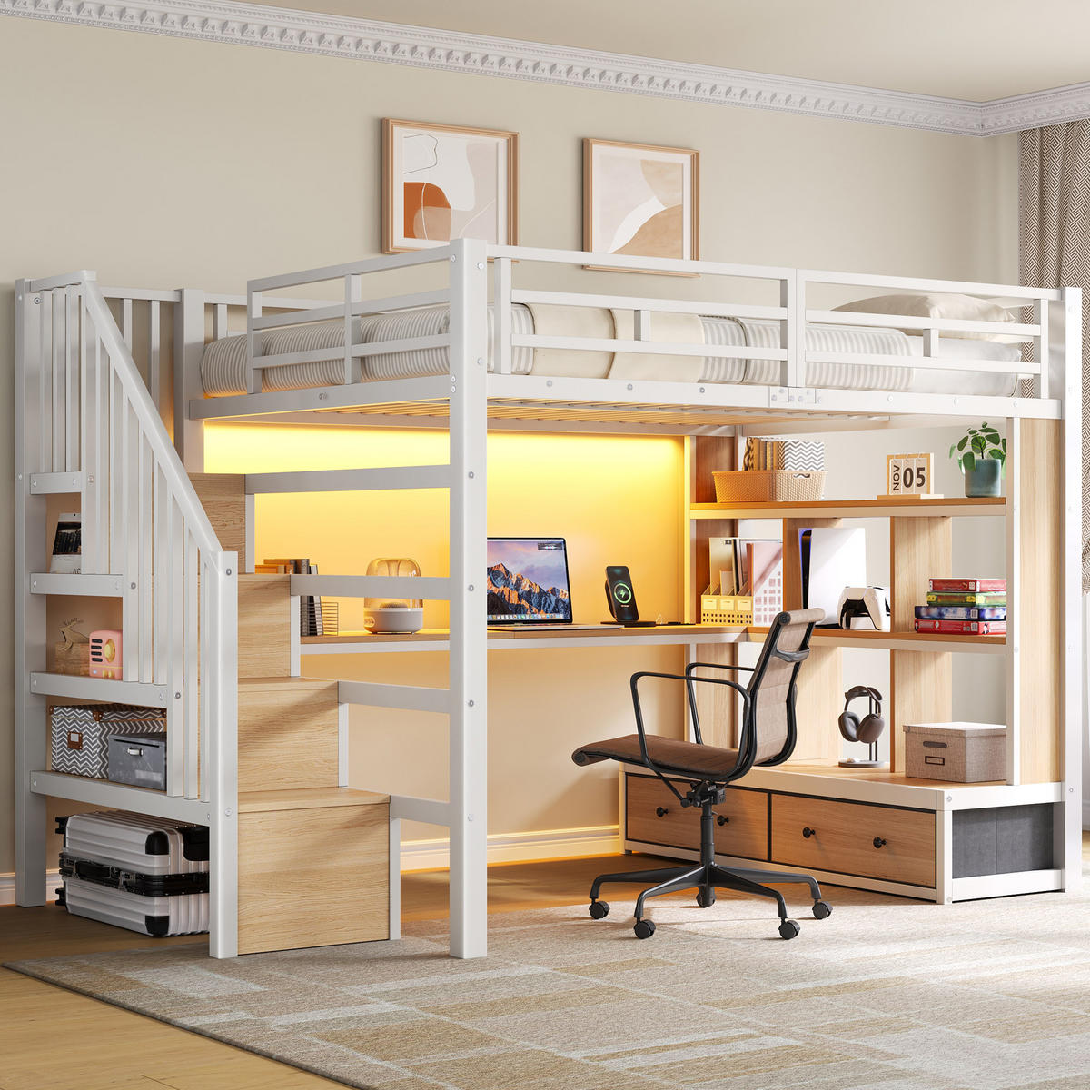 HOCHBETT 140/200 cm in Weiß mit Schreibtisch, Regalen, 2 Schubladen, Treppe und LED - Weiß, Holzwerkstoff/Metall (140/200cm) - STILVORA