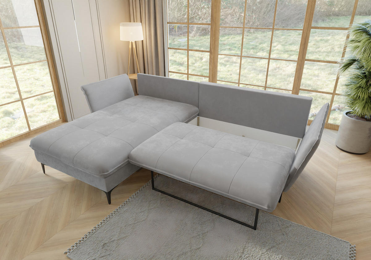 ECKSOFA Mira Hellgrau Samt-Stoff - Hellgrau/Schwarz, Textil/Metall (260/168cm) - S-Style Möbel