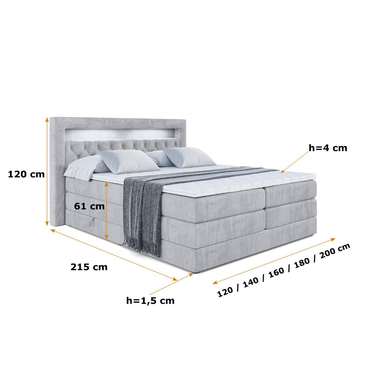 BOXSPRINGBETT NOEL GOLD KING - 180x200 - H3/H4 - Hellgrau - Hellgrau, Holzwerkstoff (180/200cm) - ALTDECOR