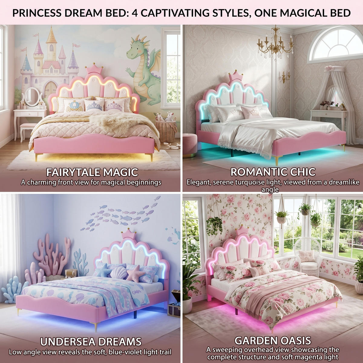 POLSTERBETT Bogen-Krone mit 2-Zonen-LED & Goldbeinen 140/200 cm PU-Leder Rosa - Pink, Leder (140/200cm) - Creahappy