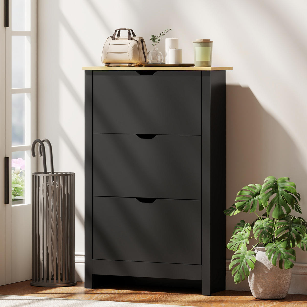 SCHUHSCHRANK Schwarz Eiche Spanplatte mit 3 Klappen platzsparend 1 Stück - Schwarz, Holz (72/112/26cm) - PANGIVO