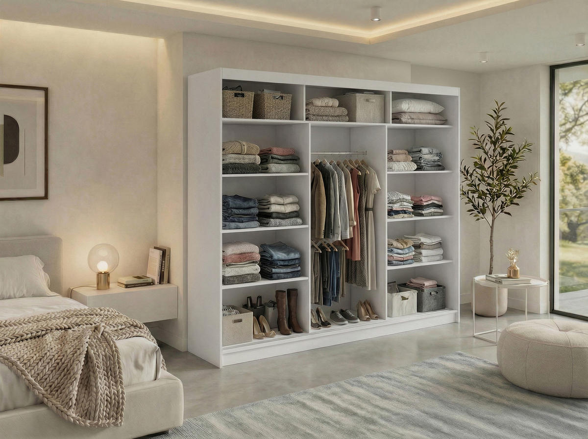 SCHWEBETÜRENSCHRANK 240 - VERONA - Weiß mit Spiegel - Alufarben/Weiß, Holzwerkstoff/Metall (240/216/61cm) - MKS