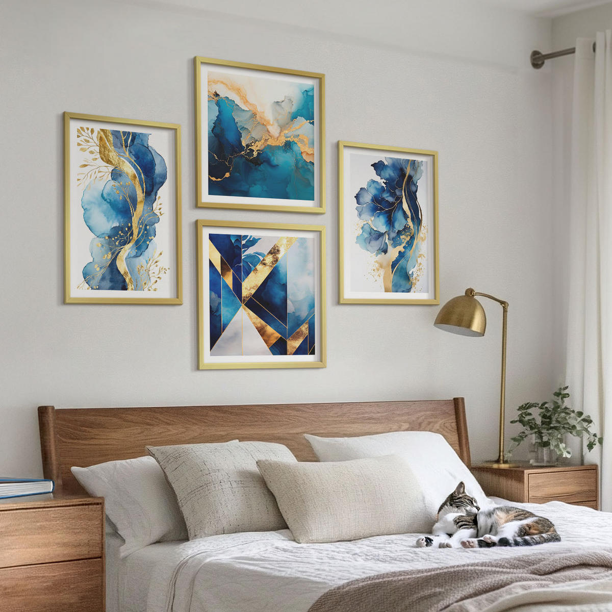 BILDER SET 4er Set - 50x50 cm & 40x60 cm Goldrahmen - Blaue abstrakte Muster - Goldfarben, Kunststoff (50/50cm) - TULUP