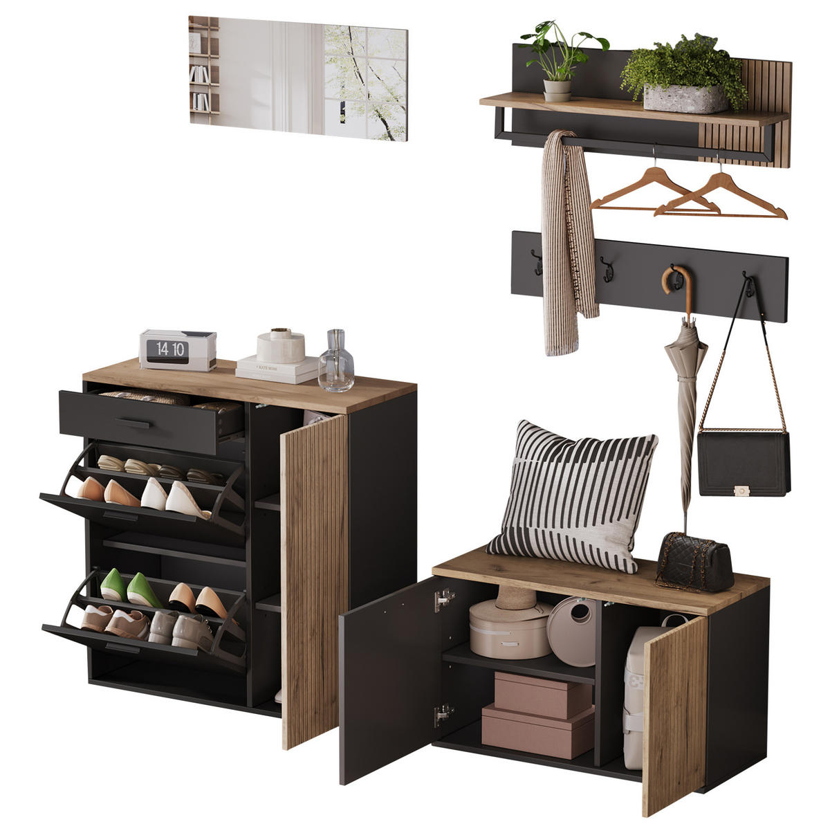 DIELEN-SCHUHSCHRANK-SET in Natur/Schwarz mit Schuhbank, 2 Klappen und Stauraum - Naturfarben, Holzwerkstoff (85/85/36cm) - BEAOK