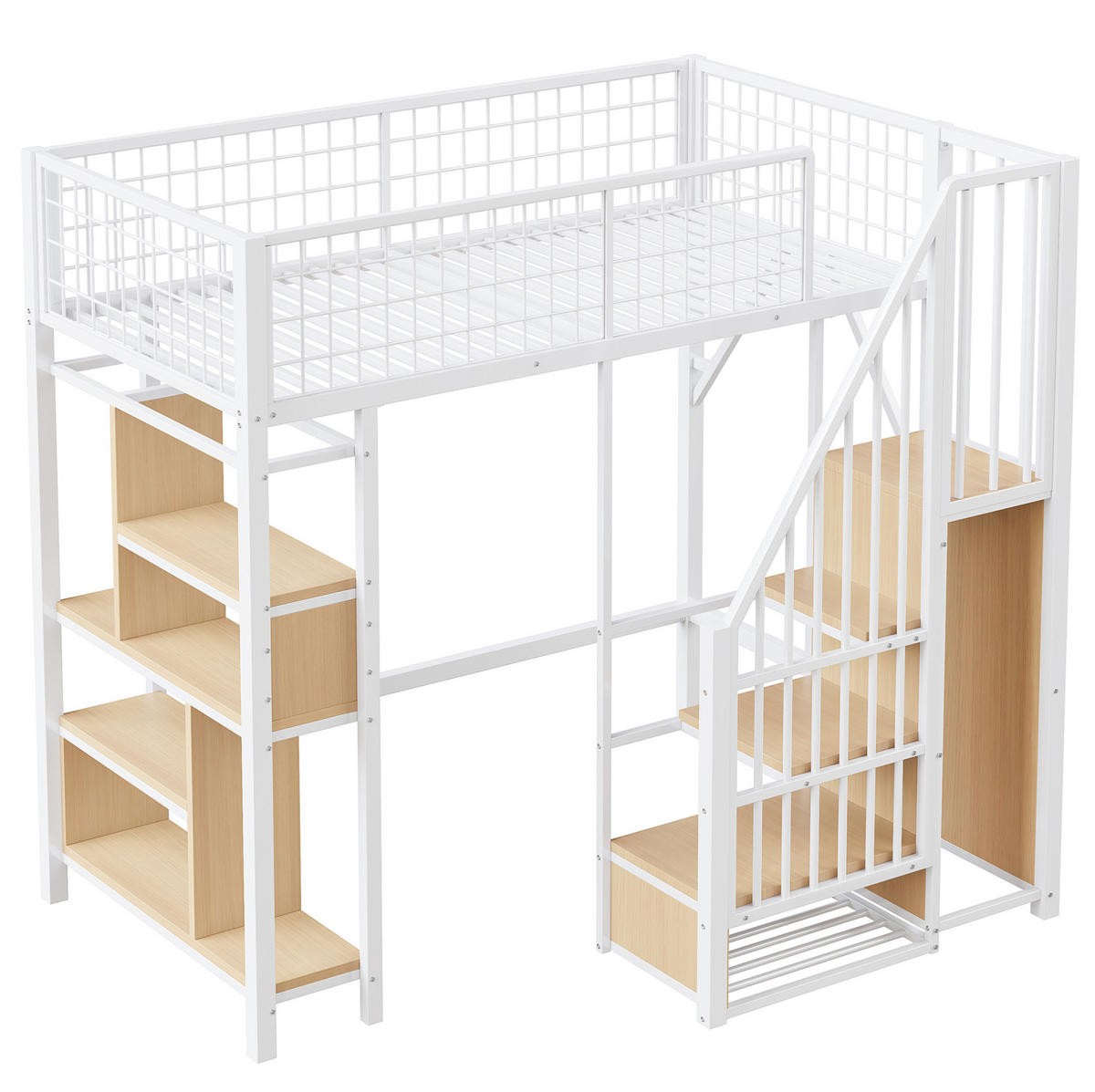 HOCHBETT 90/200 cm Weiß aus Metall und Holz mit Stauraumtreppe - Weiß, Metall (90/200cm) - OKMYHOME
