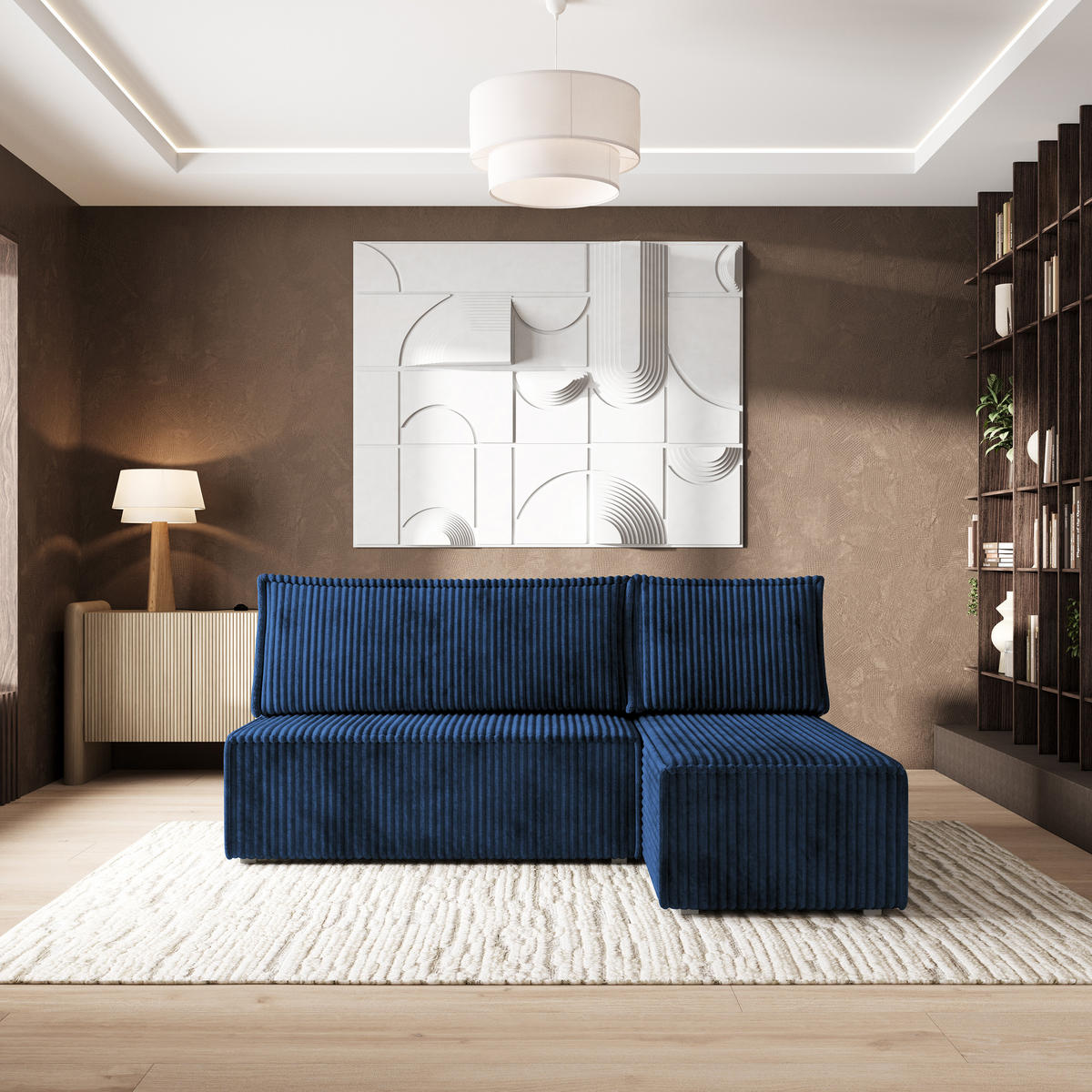 ROHOVÁ SEDAČKA BRISO modrá - šedá/modrá, dřevo/textil (200/140cm) - MASSENO