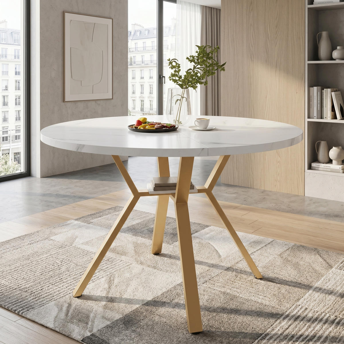 ESSTISCH runder marmor-optik Ø 100 cm mit X-metallgestell - Goldfarben, Holzwerkstoff (100/100/75cm) - Urban Meuble