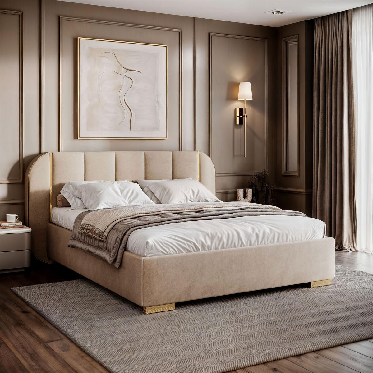 BETT AMARA GOLD 160x200 gepolstert mit Stauraum und Lattenrost, Royal Velvet 170 - Beige, Textil (160/200cm) - Lookway