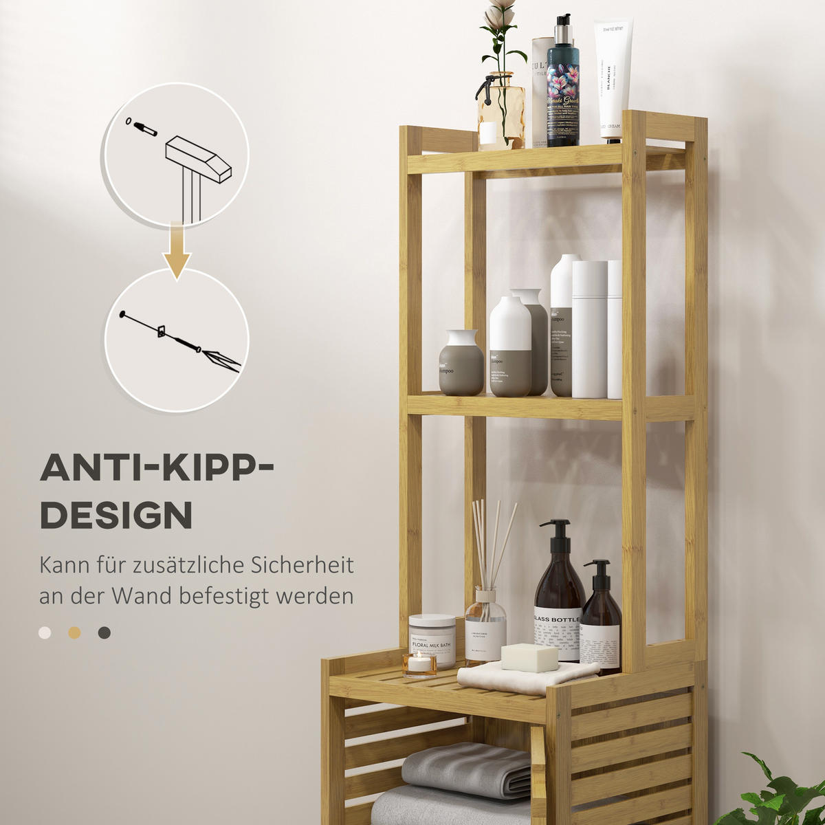 HOCHSCHRANK mit Schrankfach, mit 3 offenen Fächern, Kippschutz, Naturholz - Naturfarben, Holz (33/170/38.5cm) - HOMCOM