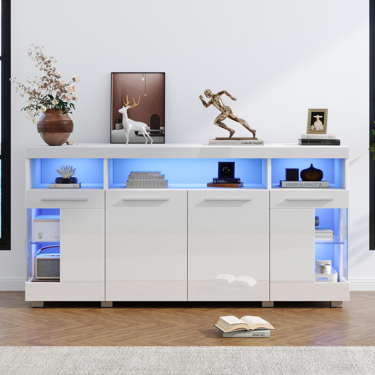 SIDEBOARD 140/40/70 cm aus MDF und gehärtetem Glas mit LED-Beleuchtung Weiß - Weiß, Holzwerkstoff (140/70/40cm) - Modenvie