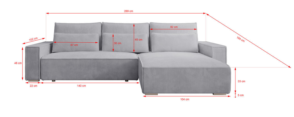 ECKSOFA Alice mit Bettkasten und Schlaffunktion, Cordstoff in L-Form - Grau, Textil (289/184cm)