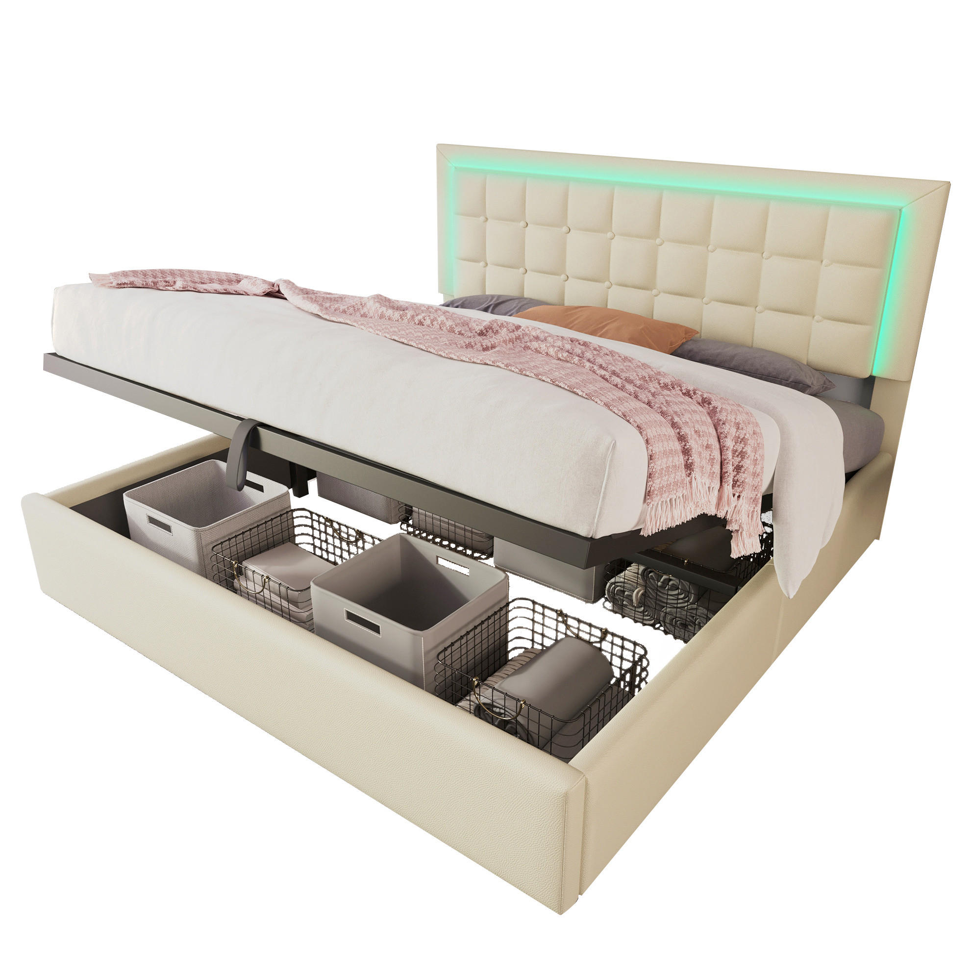 OKWISH ČALOUNĚNÁ postel 160/200 cm bílá z PU s LED osvětlením a úložným prostorem