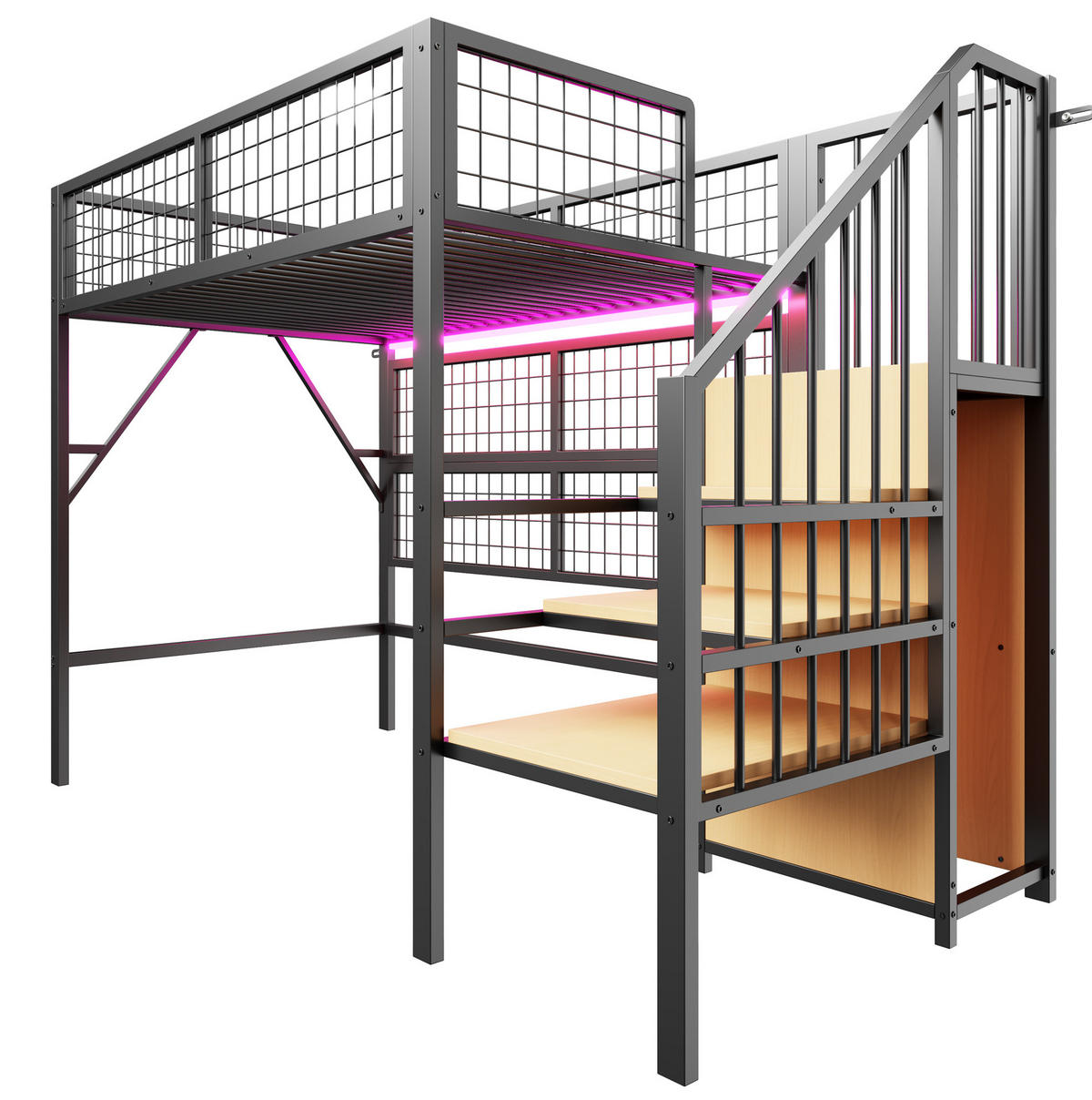 HOCHBETT aus Metall 90x200 cm Schwarz mit LED-Beleuchtung, Stauraumtreppe und offenem Kleiderschrank - Schwarz, Metall (140/200cm) - Modfu