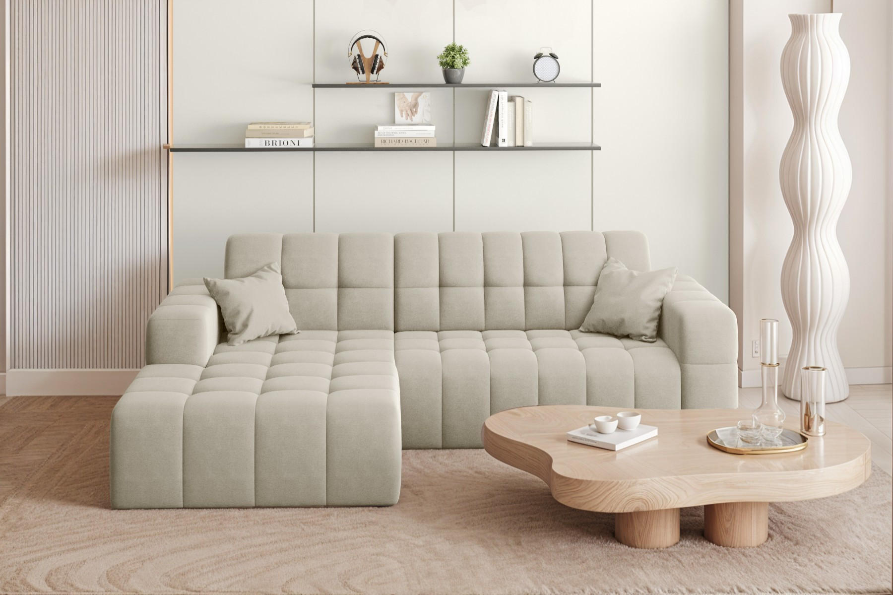 ECKSOFA L-förmiges Nimes Velours Stoff Ecru Links - Ecru, Holz/Kunststoff (168/265cm) - Kaiser Möbel