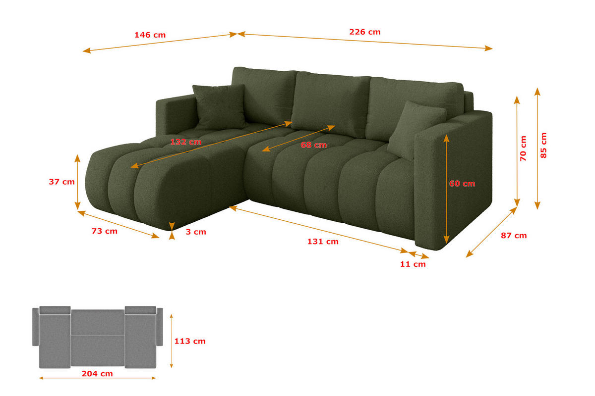 ROHOVÁ SEDAČKA s funkcí spaní, otoman vlevo GARD-L 226x146x85 zelená bouclé - černá/zelená barva, kompozitní dřevo/textil (226/146cm) - ALTDECOR