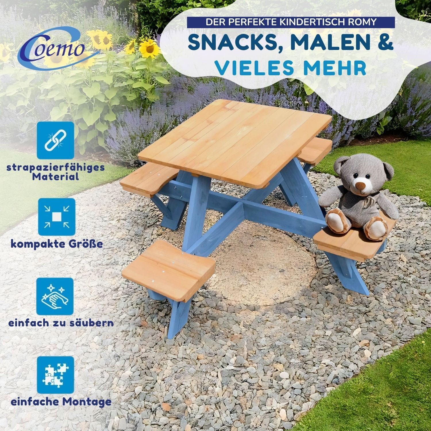 KINDER-PICKNICKTISCH ROMY 1 Tische 4 Sitze 109/109/56 cm - Braun, Holz - Coemo
