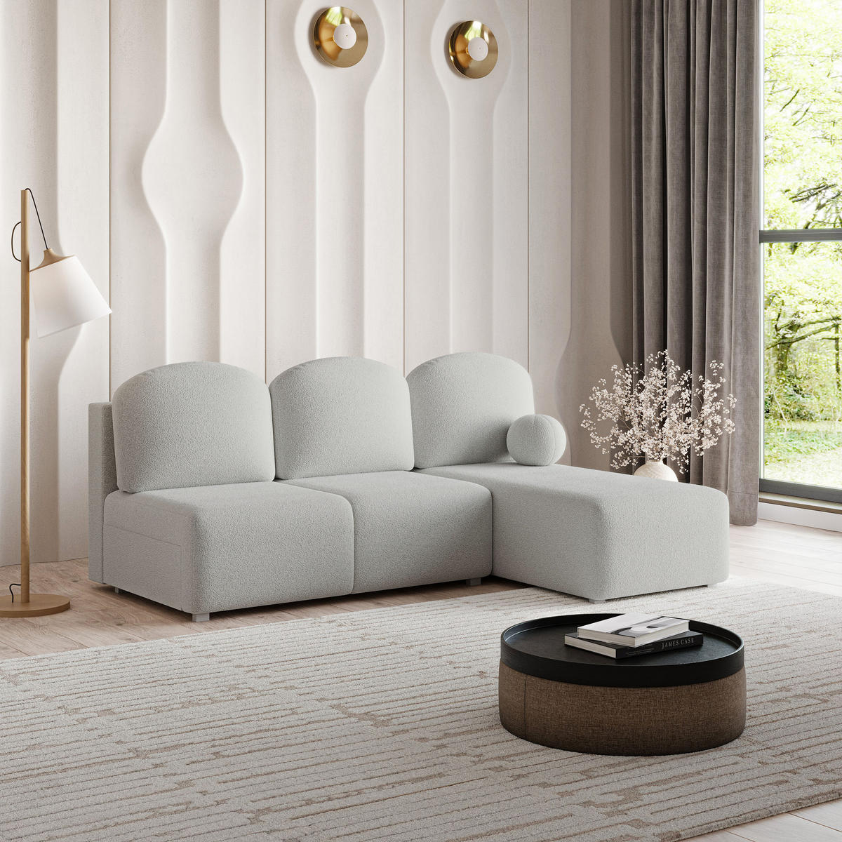 ECKSOFA TRAMA Hellgrau Boucle-Stoff mit Schlaffunktion - Hellgrau, Holz (200/143cm) - MASSENO