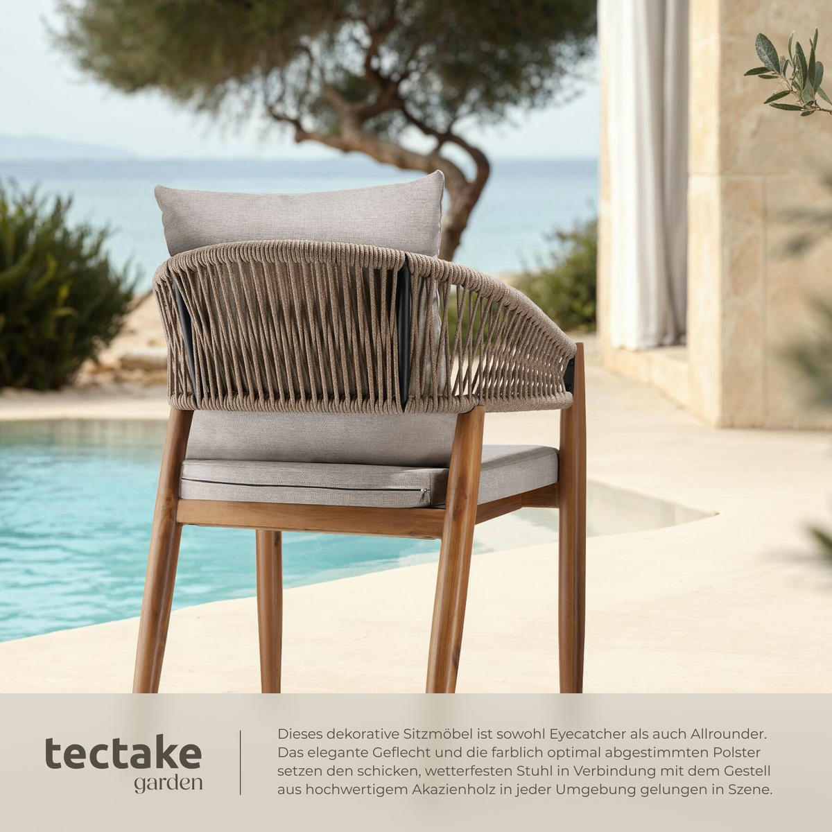 GARTENSTUHL Manacor, höhenverstellbare Kunststofffüße, Sand - Sandfarben/Braun, Holz (59/76.5/58cm) - tectake
