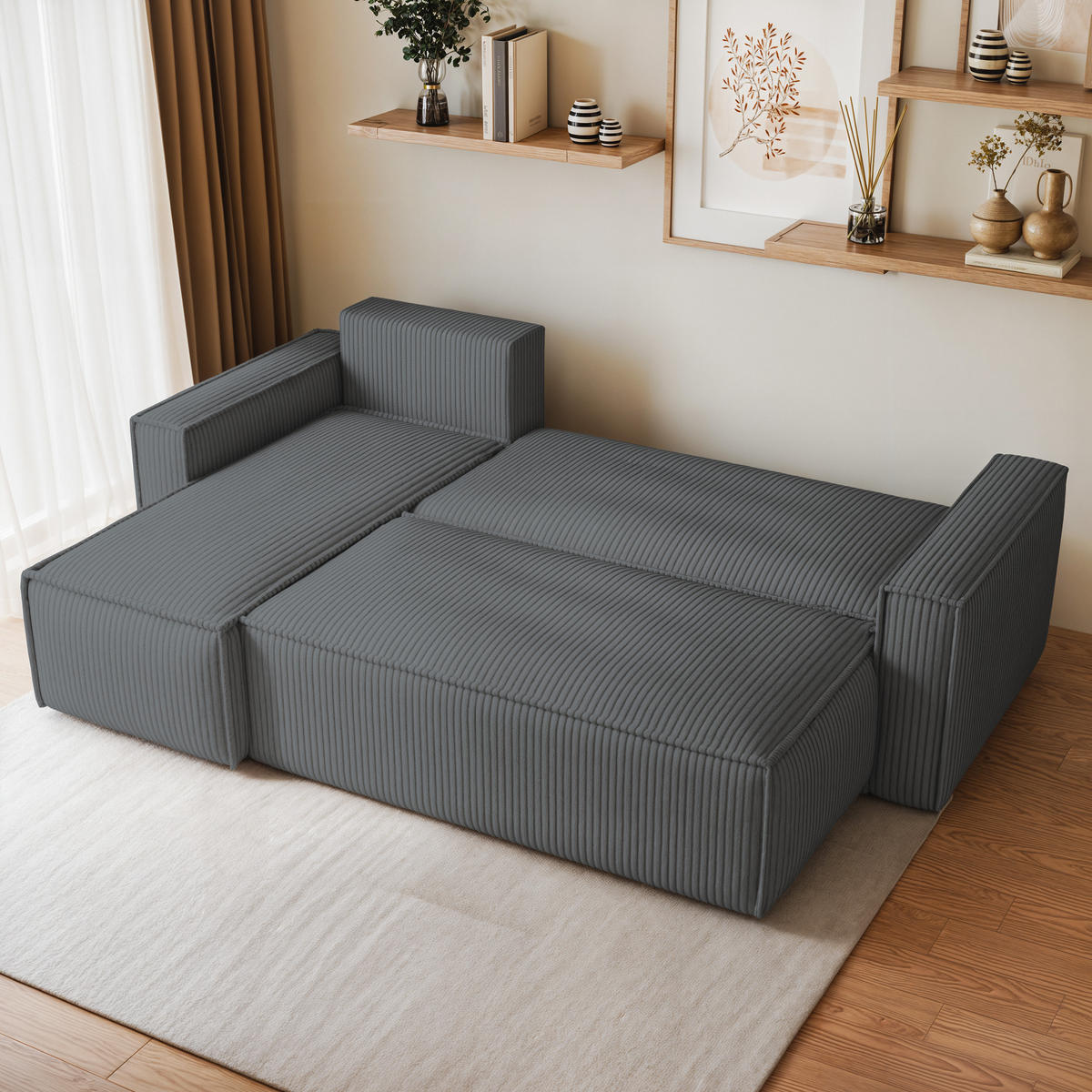 ECKSOFA RAVELO P Grau Kordstoff mit Schlaffunktion - Grau, Holz (240/140cm) - MASSENO