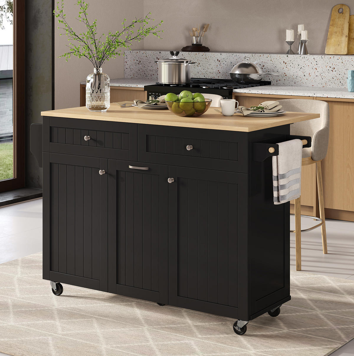 KÜCHENINSEL 140/40-70/92 cm aus MDF mit ausziehbarer Klappplatte, Schubladen und Rollen, Schwarz/Natur - Schwarz, Holzwerkstoff (140/92/70cm) - Redom