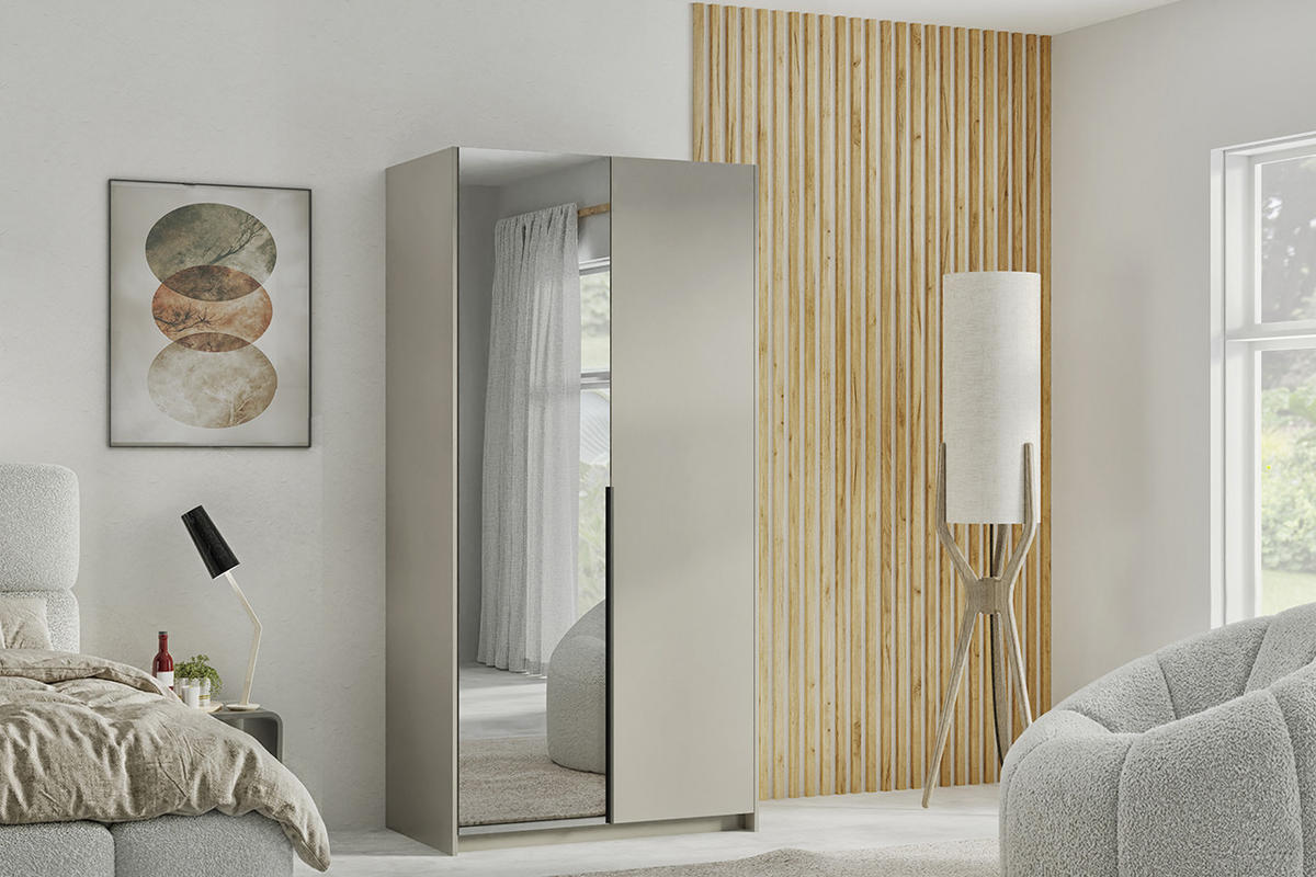 DREHTÜRENSCHRANK Apollonia mit Spiegel 100x204cm 2-türig, kaschmir, schwarze Griffe - Kaschmir/Schwarz, Kunststoff (58/205/100cm) - Margaret Hadas24